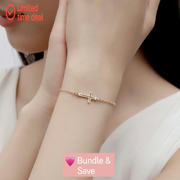 14K Gold Plated Sideways Cross Bracelet Adjustable Rolo Chain - Picture 4 of 7